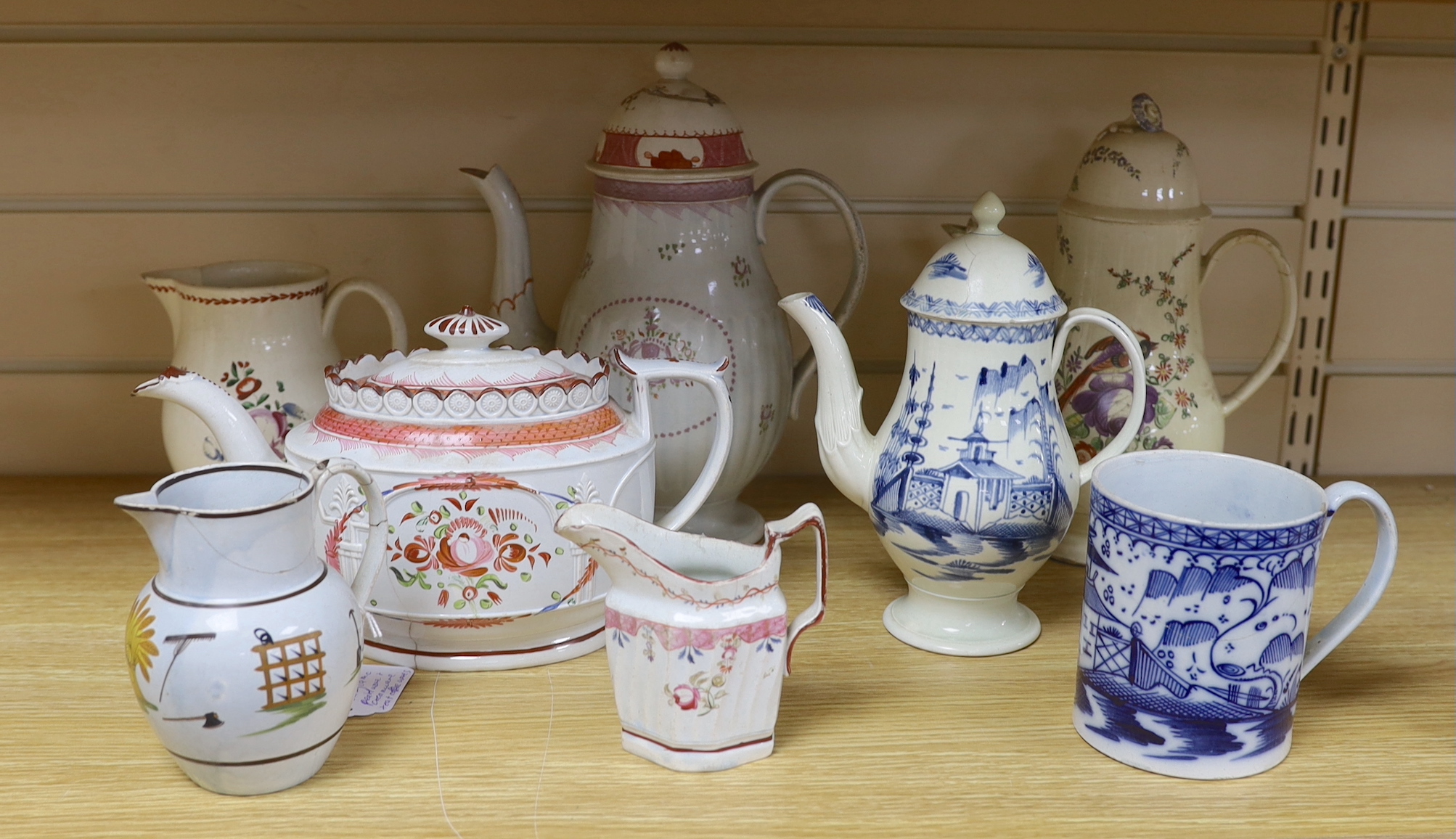 Late 18th century / early 19th century pearlware and creamware tea and coffee wares, tallest 27cm high